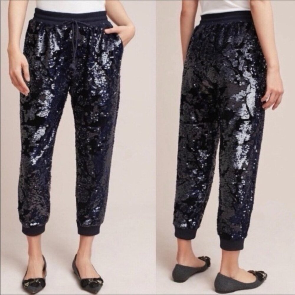 Anthropologie‎ ett:twa Velvet Sequin Jogger Pants MEDIUM Navy Blue Women's